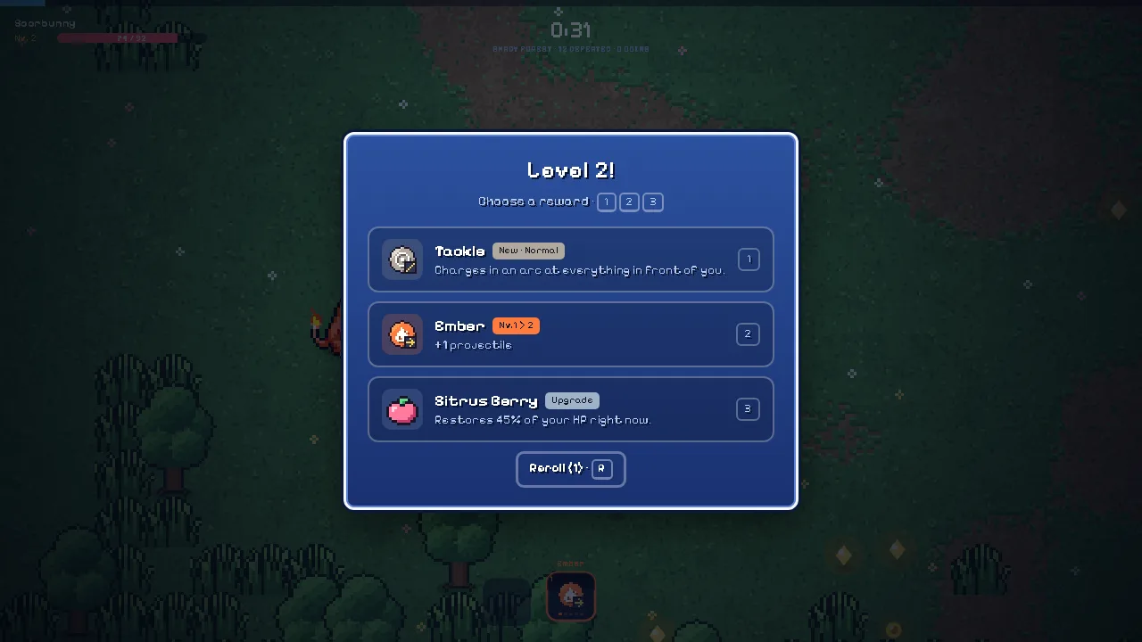 Level-up screen offering three reward cards: a new move, a move upgrade and a healing item
